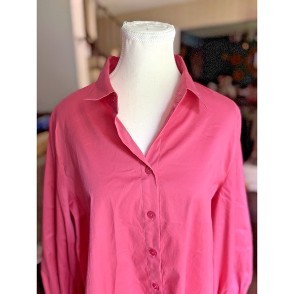Chico's Blouse Womens Large (3) Pink Blouse Billow Sleeve Poplin Barbie Career - Picture 3 of 12